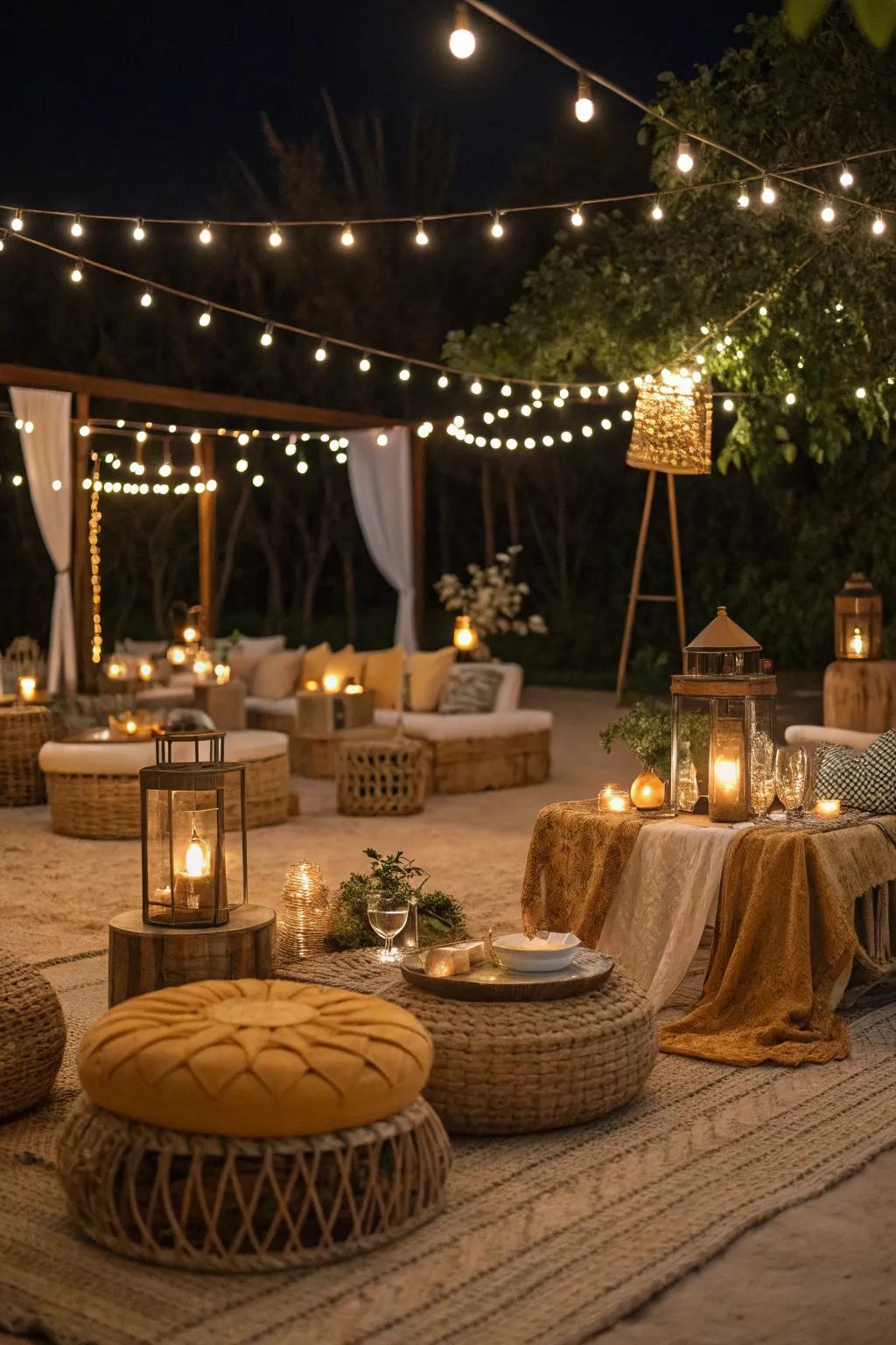 Set the mood with string lights and lanterns for a magical boho evening.