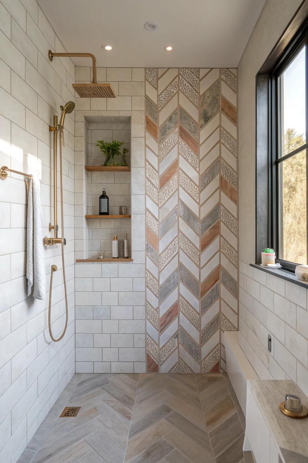 Let your shower's accent wall take center stage with captivating herringbone tiles.