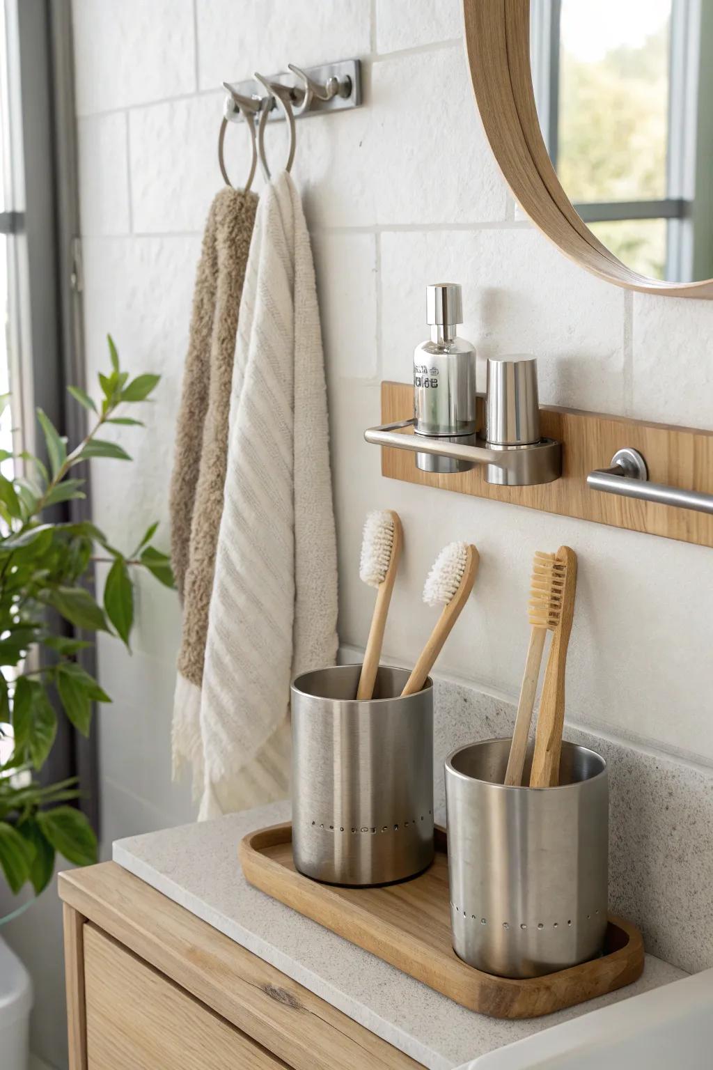 Innovative magnetic strips offer a stylish and space-saving toothbrush storage solution.