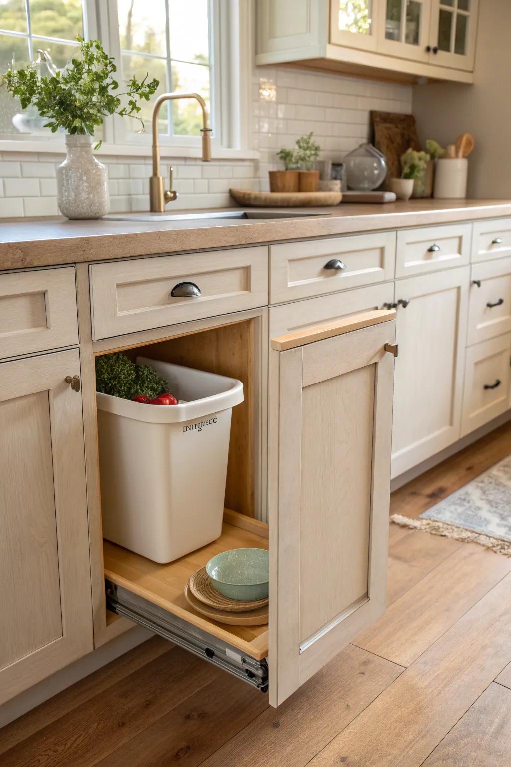 Under-counter storage keeps your kitchen neat and your trash hidden.
