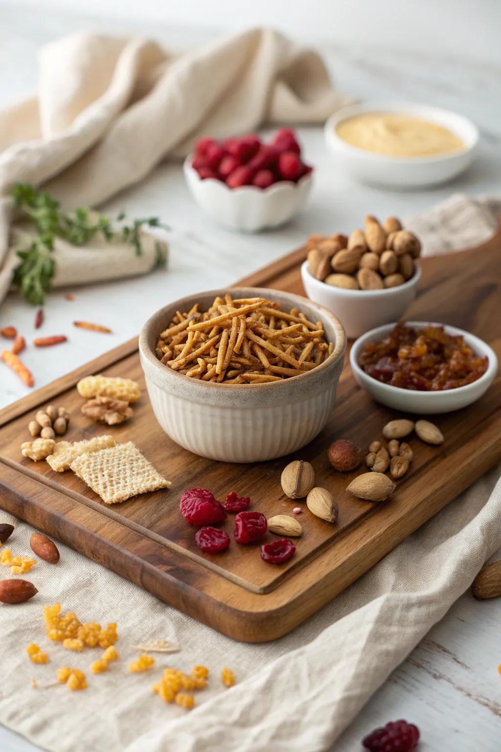 Add a crispy element to your board with sev, a street food favorite that's a guaranteed hit. 🌟 #SnackTime #IndianFood