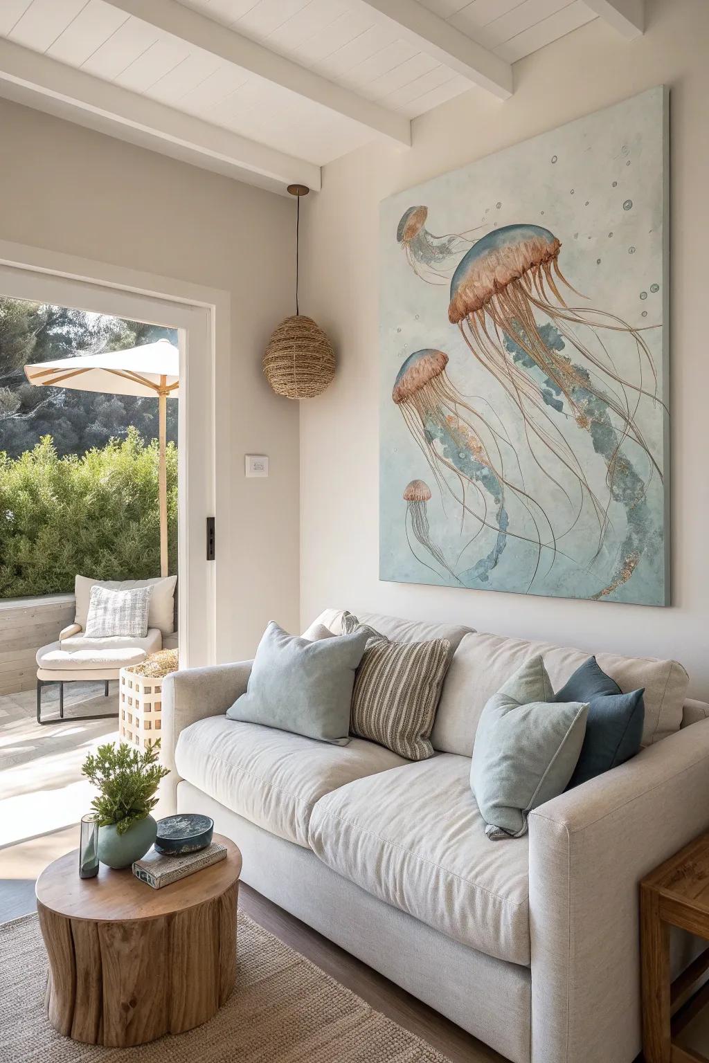 Add dynamic movement to your decor with paintings of multiple jellyfish in motion.