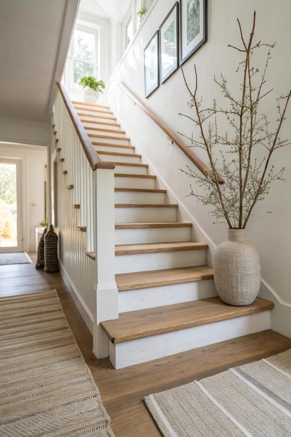 Neutral accents bring sophistication and a timeless feel to any staircase. #NeutralDecor #SophisticatedSpaces