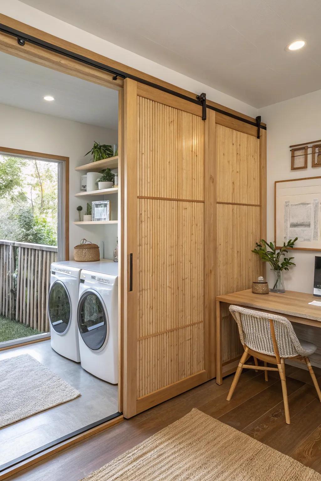 Blend work and laundry with style using a sliding partition that offers privacy and elegance.