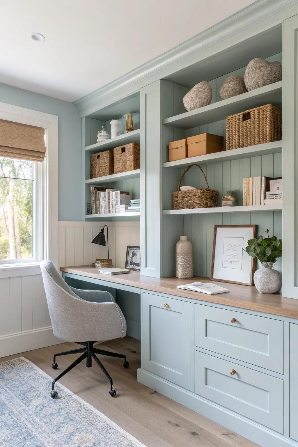 Functional shelving keeps your office tidy and serene.