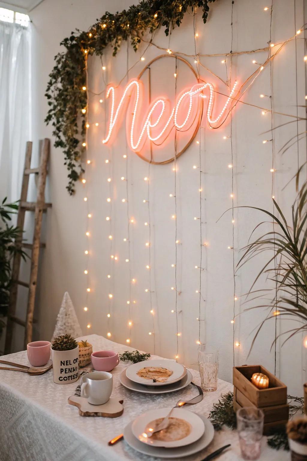 Twinkling fairy lights and neon glow create an enchanting and magical setting.