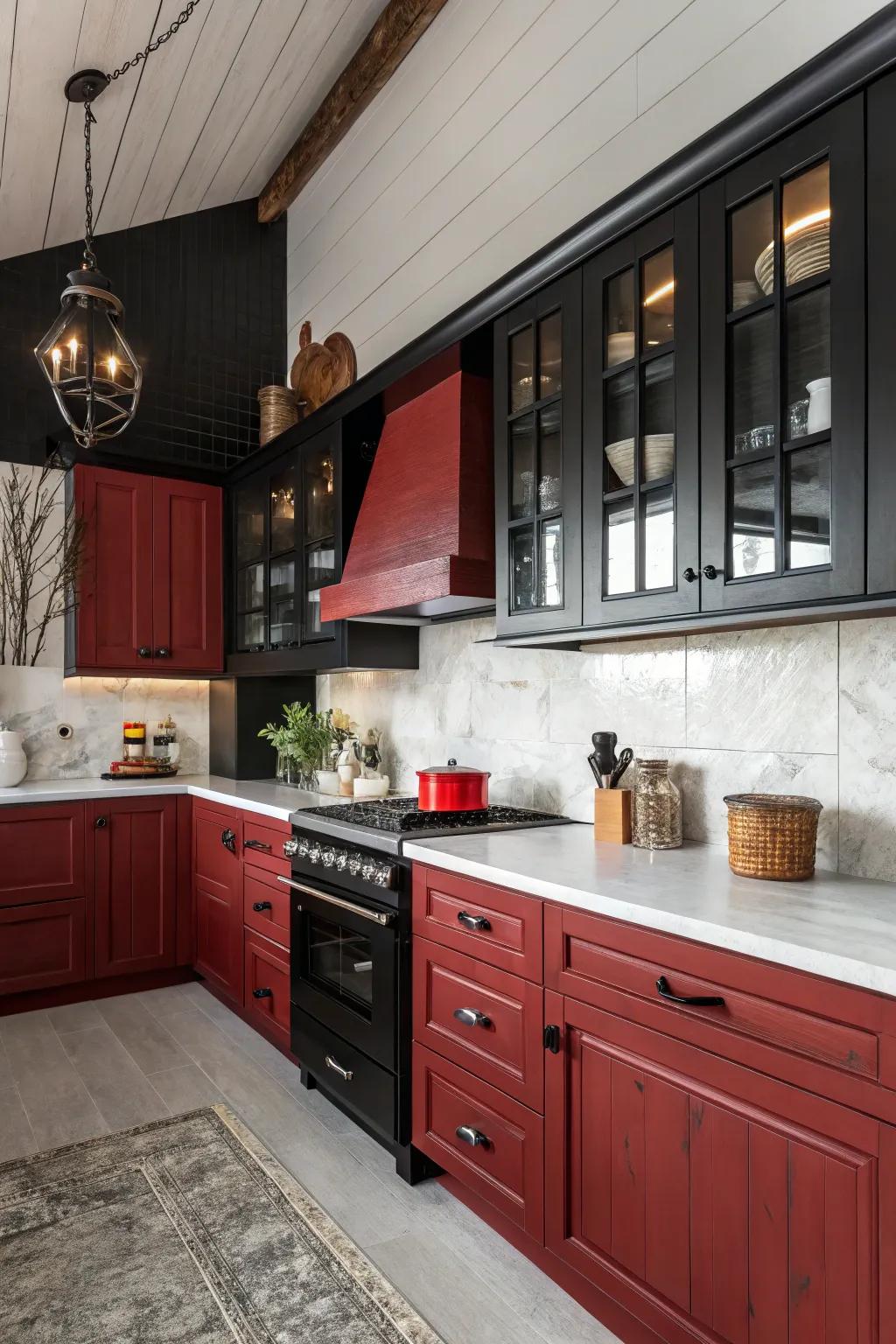 Create a cozy, rustic atmosphere with deep reds and blacks that offer both warmth and character. #RusticKitchen #CozyVibes #HomeDecor