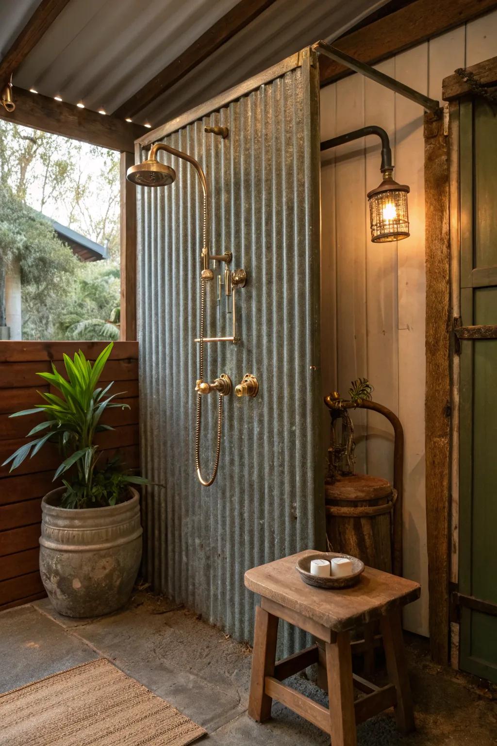 Vintage fixtures add a charming twist to the industrial allure of corrugated metal.