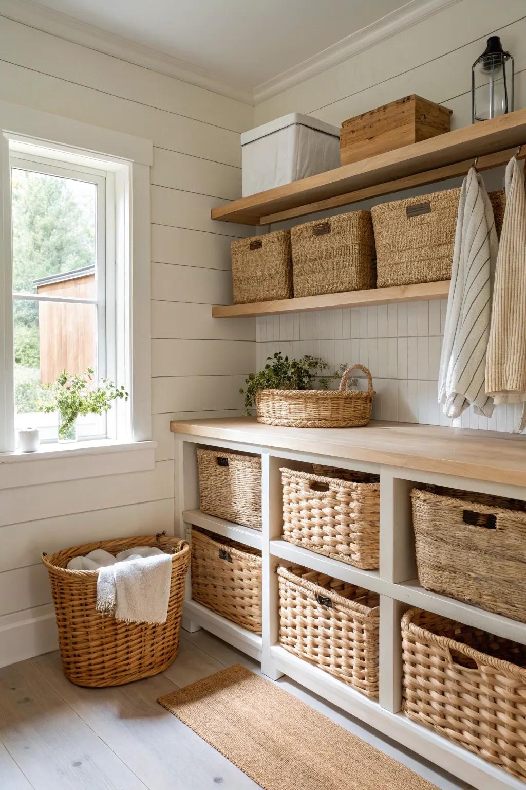 Achieve that cozy farmhouse vibe with woven baskets for all your storage needs. 🌾 #FarmhouseStyle #OrganizedLiving