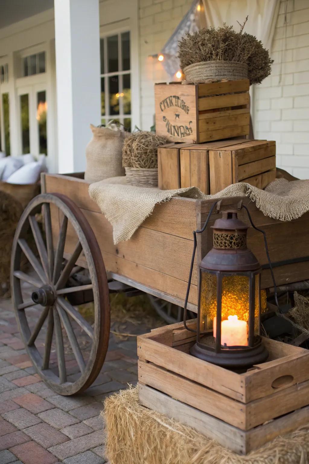 Achieve rustic elegance with a farmhouse-inspired wagon display. #FarmhouseDecor #CozyVibes