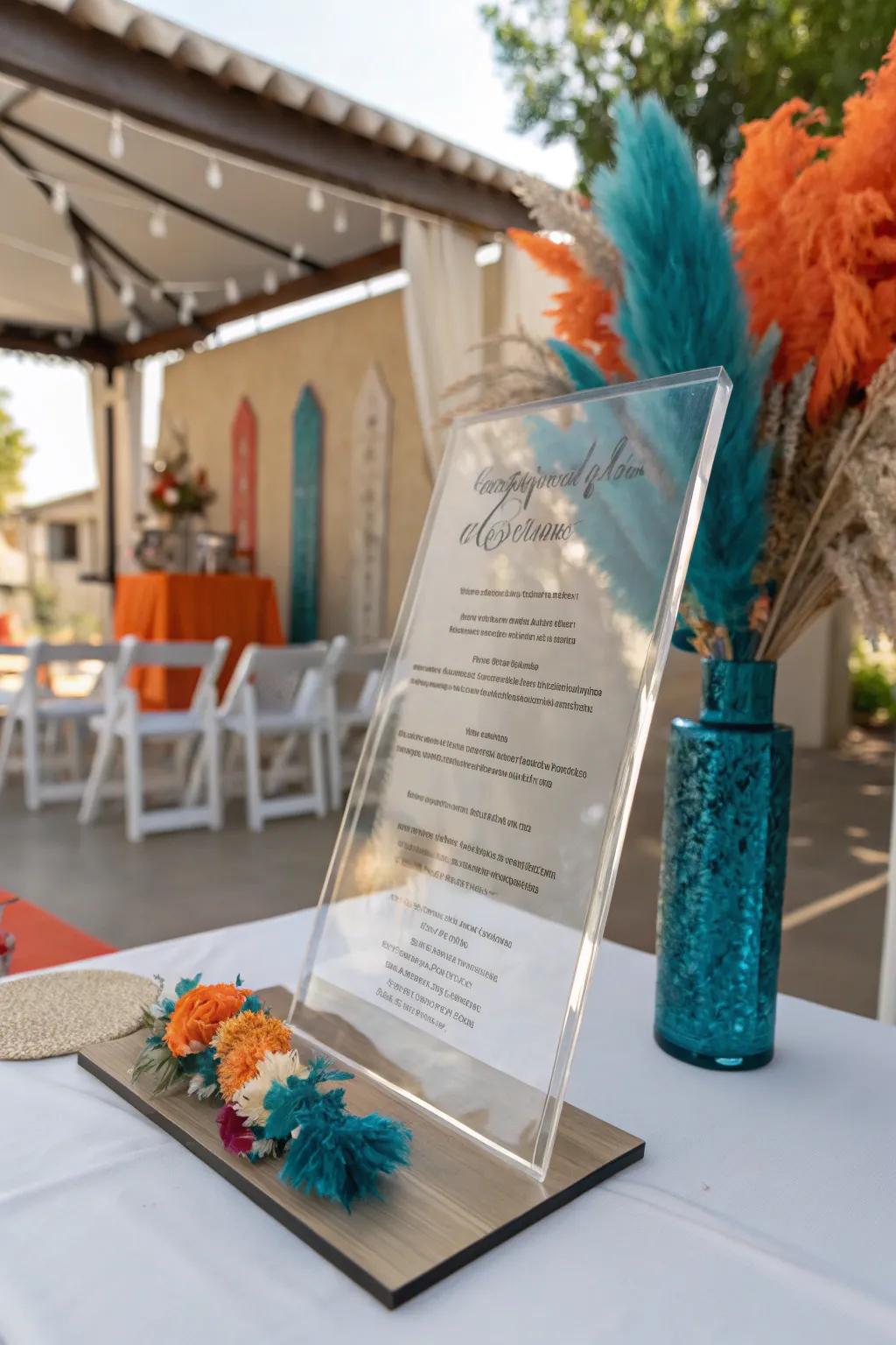 Add a modern flair to your home with an acrylic plaque that stands out in elegance. #ModernDecor #WeddingInspiration