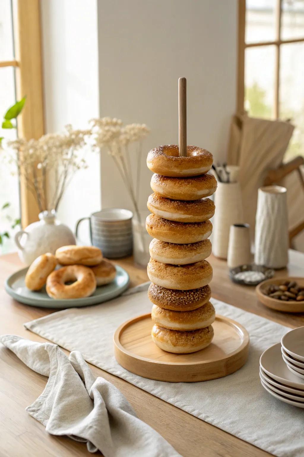 A vertical bagel rod tower offers a dramatic and space-saving centerpiece. 🎨✨ #BagelDisplay #FoodArtistry #PartyIdeas