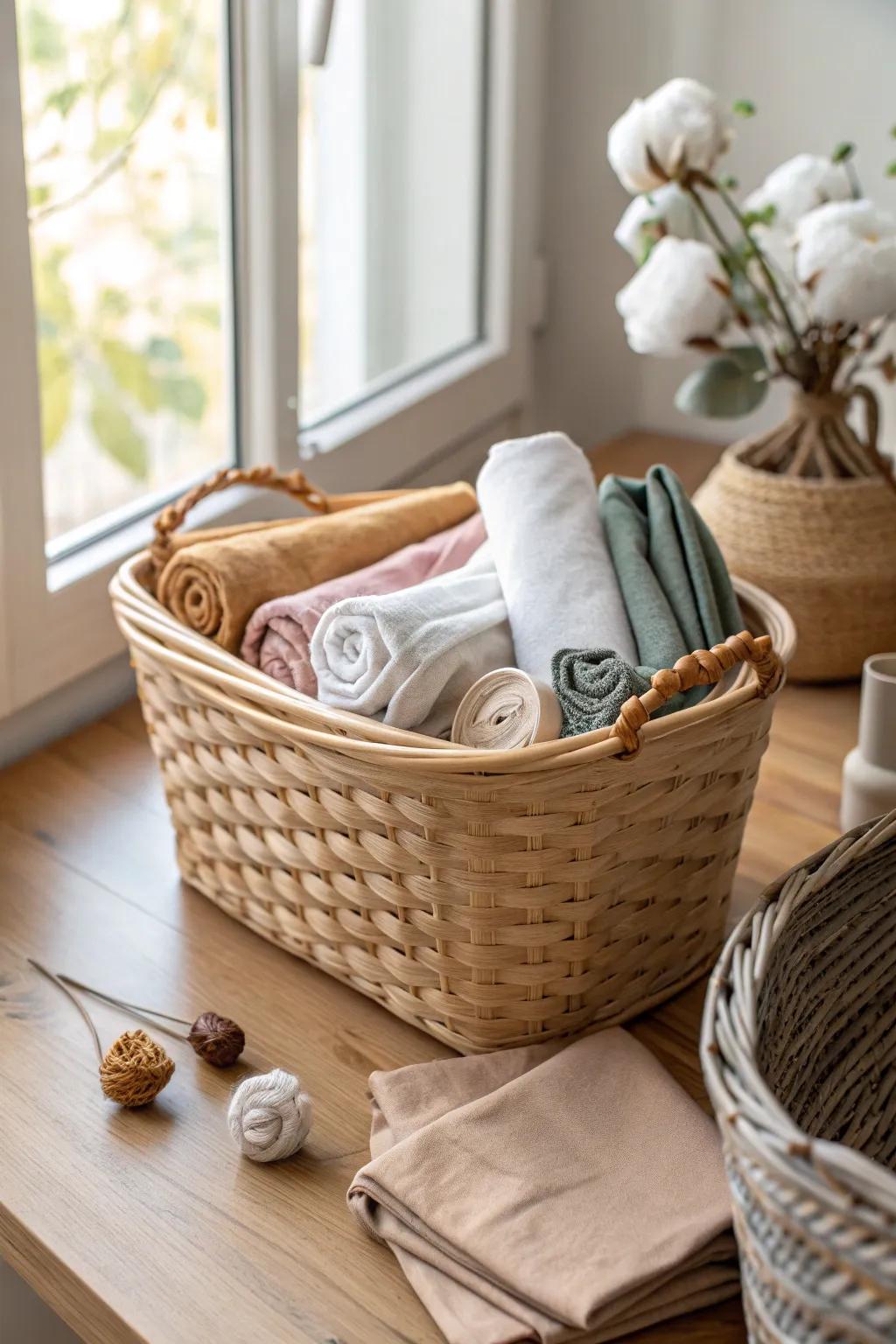 Rustic baskets filled with bandanas offer a cozy, casual display. 🧺 #BasketDecor #RusticCharm #CozyHome
