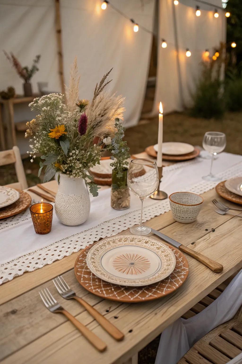 An eclectic table setting brings charm and character to your boho party. 🍽️ #TableDecor #BohoStyle #VintageVibes