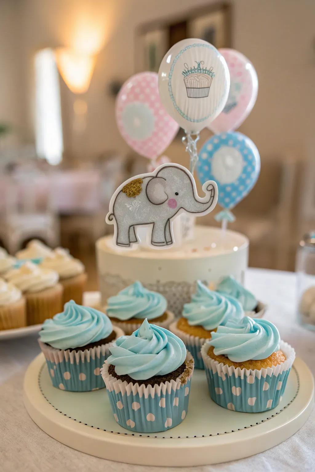 Add a dash of cuteness to your dessert spread with elephant-topped cupcakes. 🐘🧁 #CupcakeLove #ElephantBabyShower