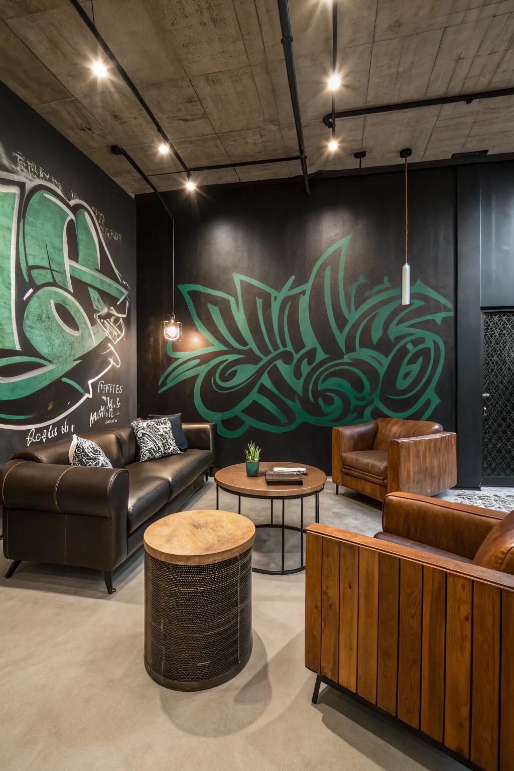 Minimalist furniture lets your graffiti art shine. #MinimalistDesign #ContemporaryHome #ArtFocus