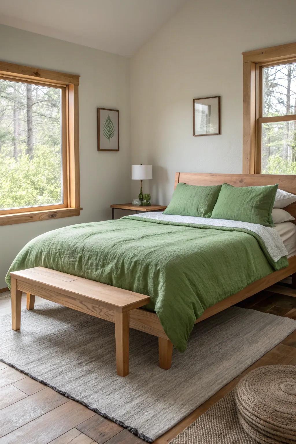 Wood accents paired with green create a warm and inviting space. #NaturalLiving #BedroomInspo