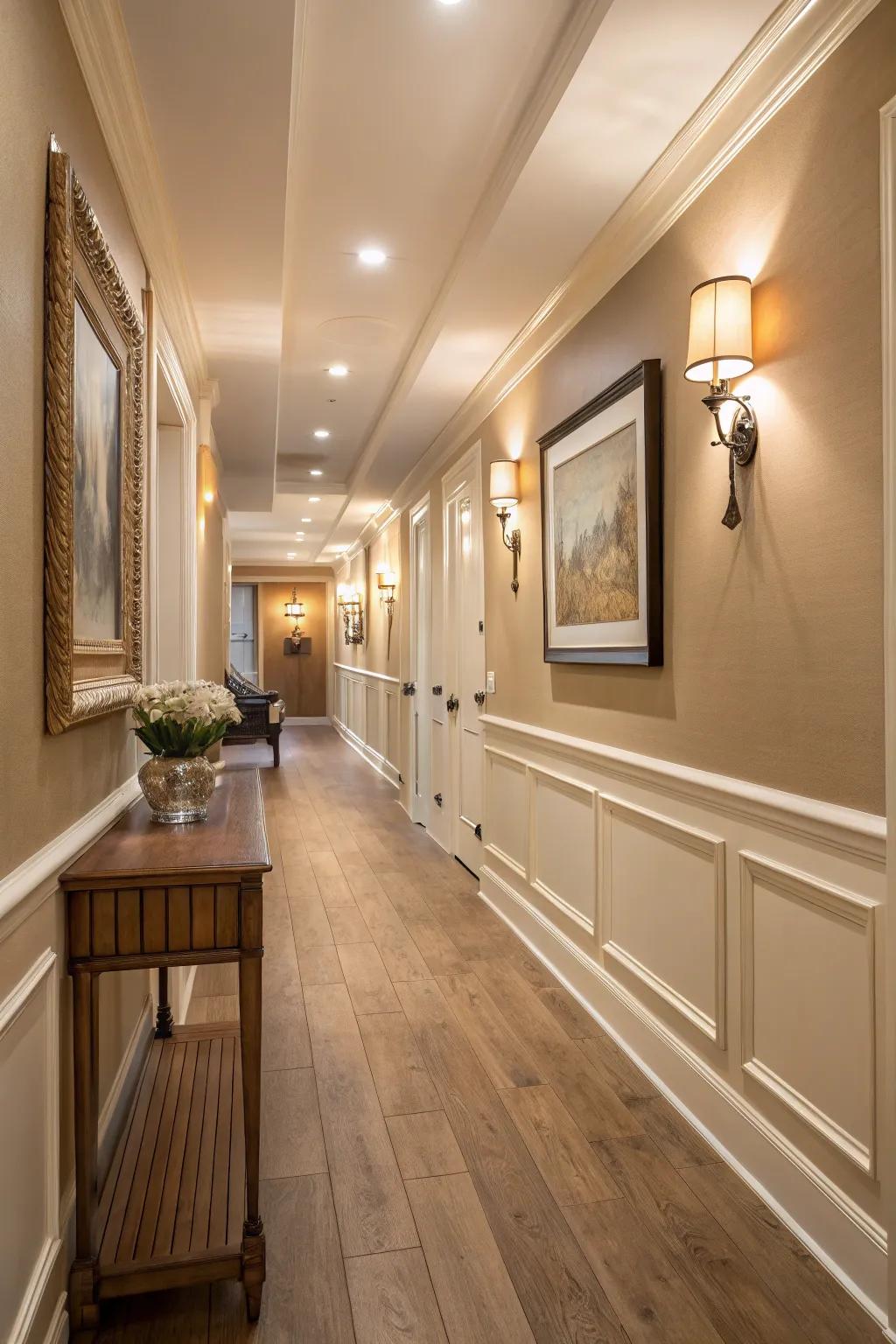 A continuous design flow with chair rails creates harmony in your hallway.