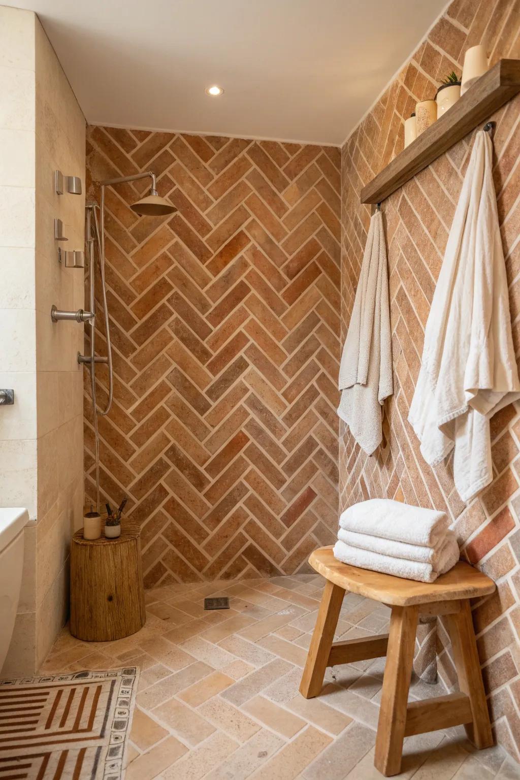 Add a rustic touch to your bathroom with the timeless appeal of brick herringbone tiles. 🧱✨ #RusticCharm #TileDesign #HomeStyle