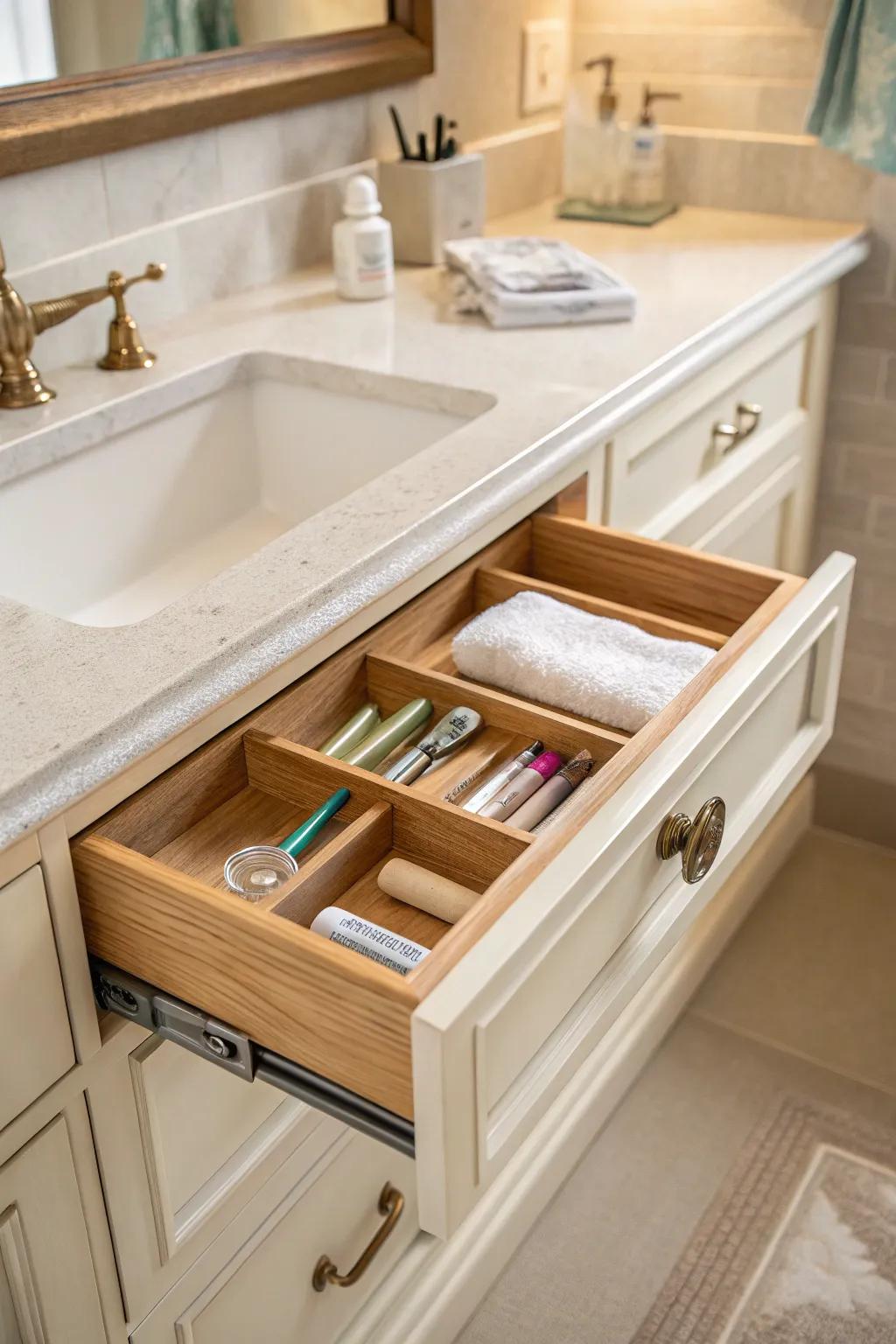 Convert false drawers into useful storage with a simple tip-out tray.