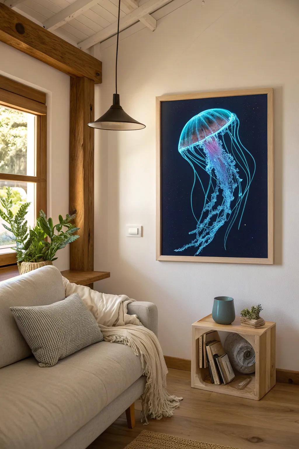 Bring the glow of the ocean into your home with bioluminescent jellyfish art. 💡✨ #Bioluminescence #GlowArt