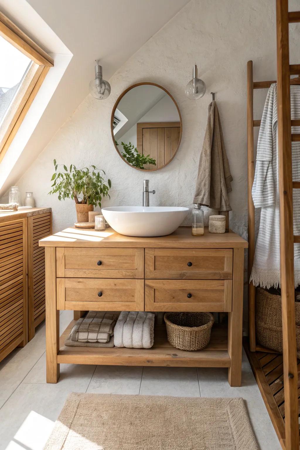 Wooden accents bring warmth and a natural touch to your loft bathroom.