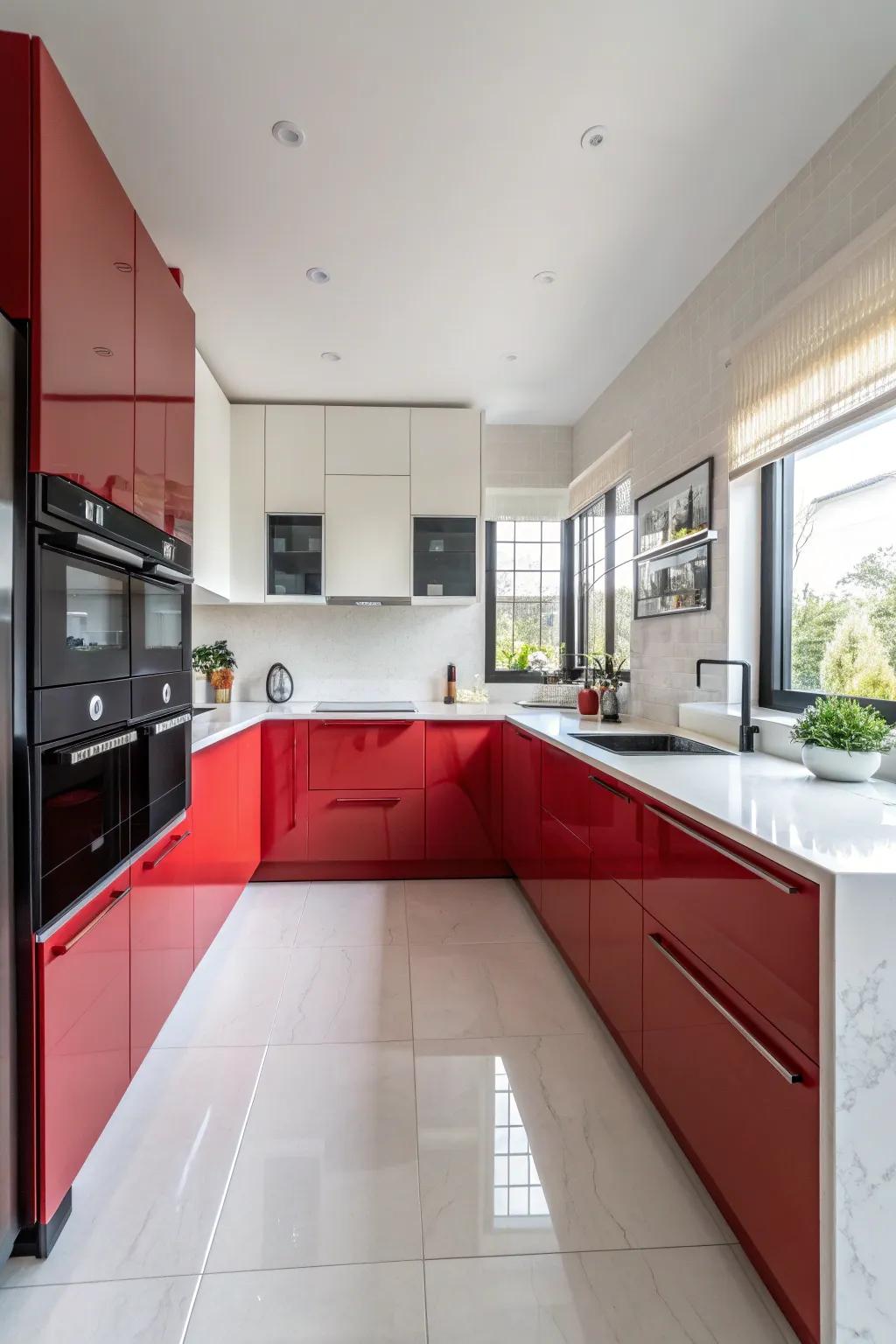 Achieve minimalist perfection with red and white contrasts that keep your space looking fresh and organized.