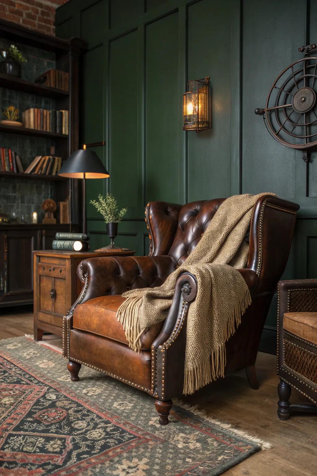 Embrace vintage luxury with leather furniture as the centerpiece of your steampunk room.