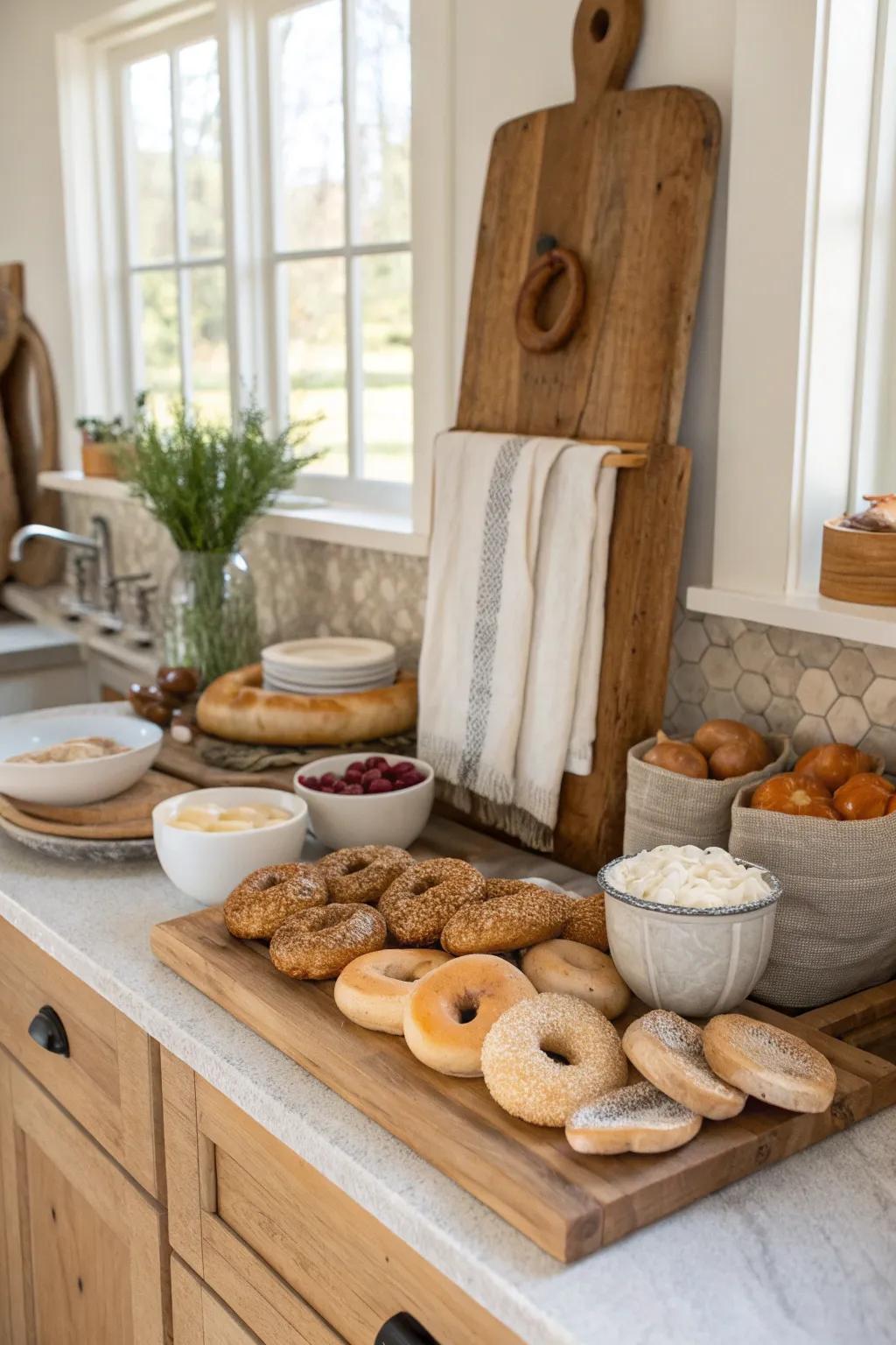 Rustic wooden boards bring a cozy, farmhouse charm to your bagel bar.