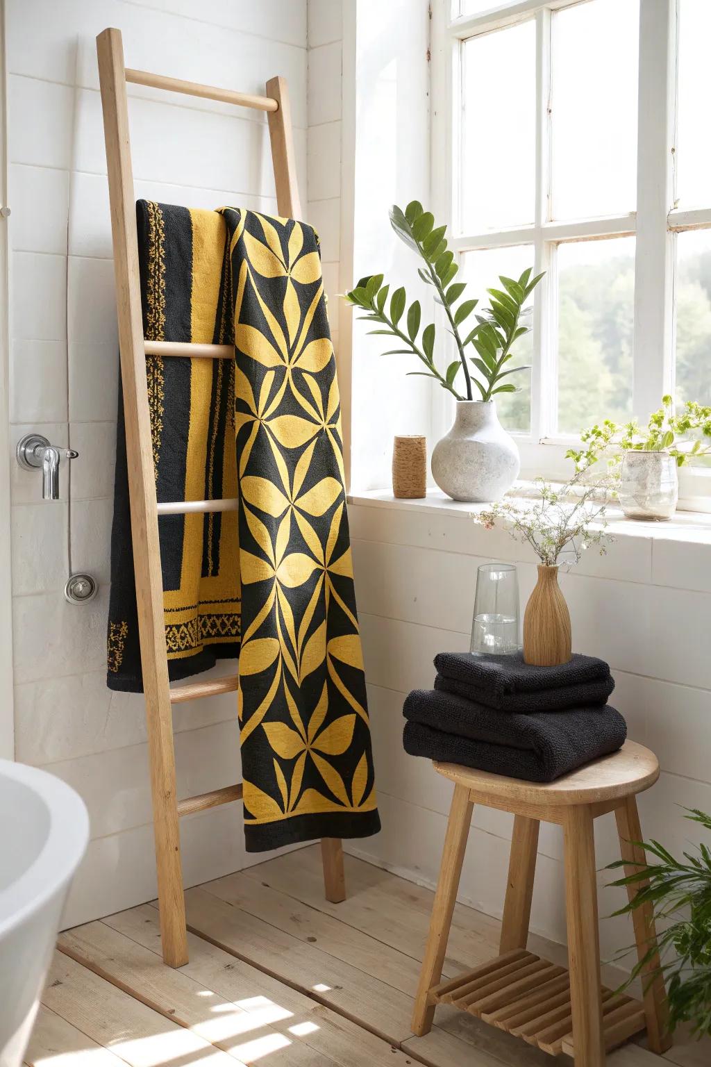 Patterned towels add a stylish and vibrant touch to any bathroom, effortlessly enhancing the decor.