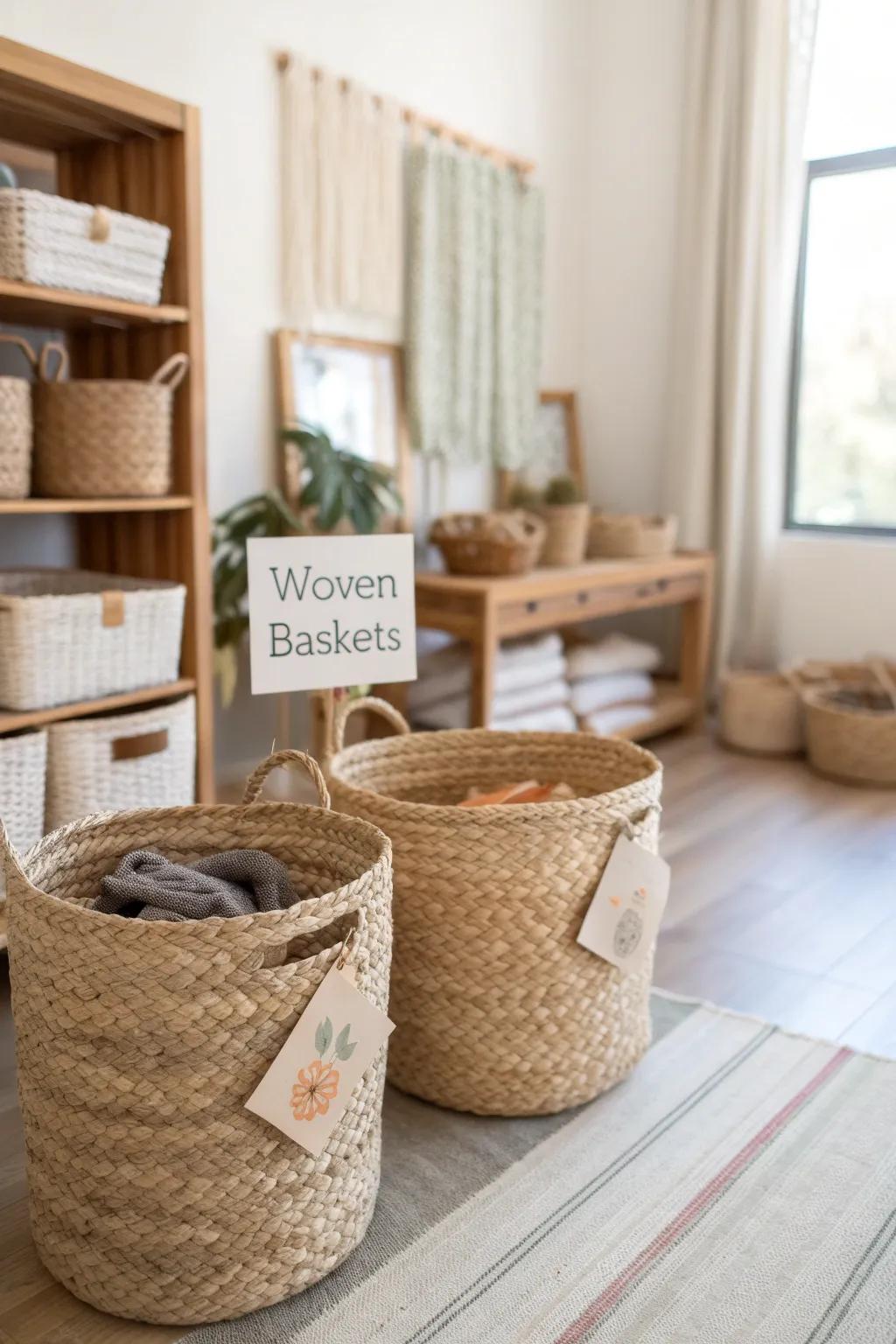 Organize with style using woven baskets that double as decor. 🧺 #Organization #ClassroomStyle #BohoLiving