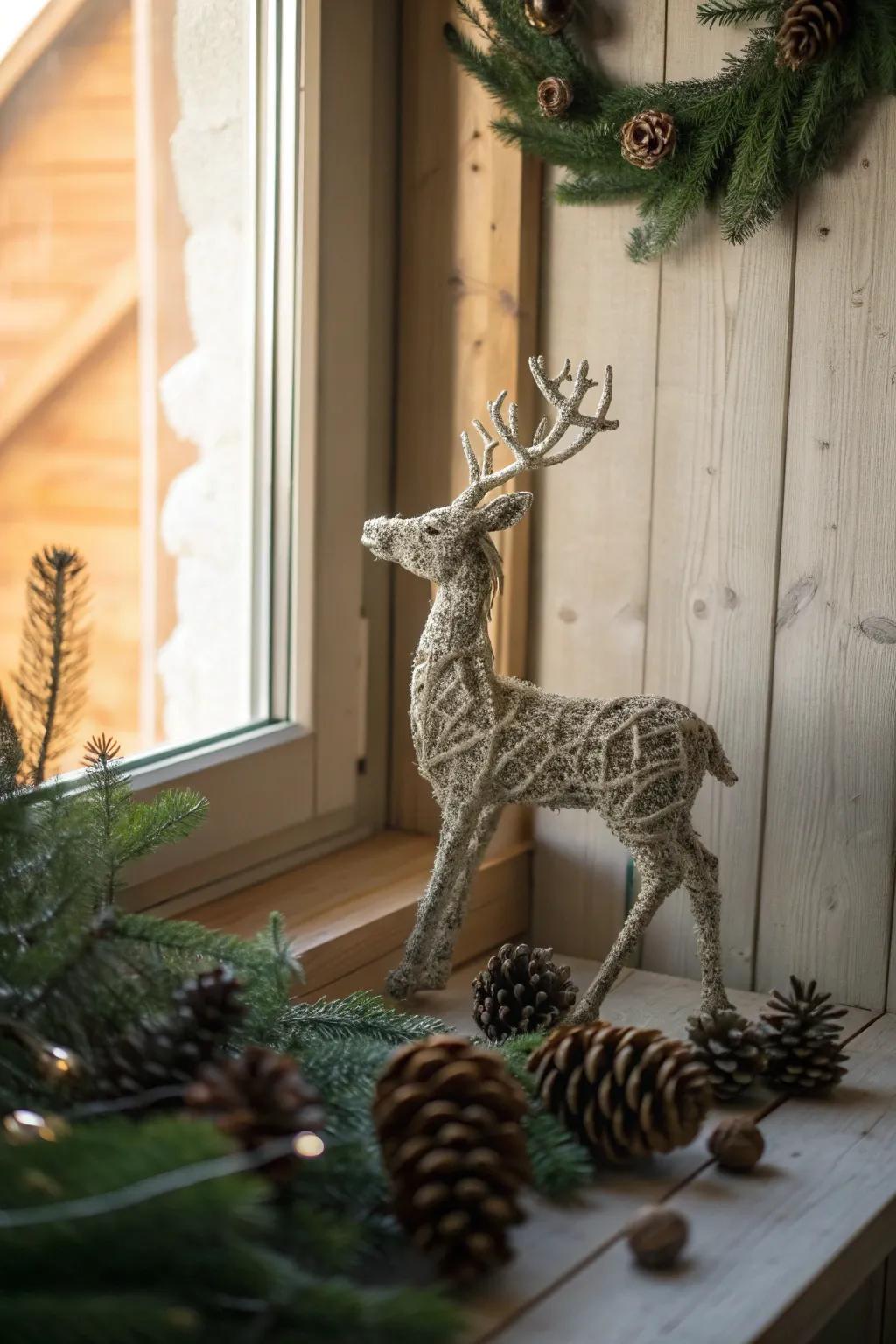 Embrace nature this Christmas with a reindeer art piece crafted from twigs and pinecones.