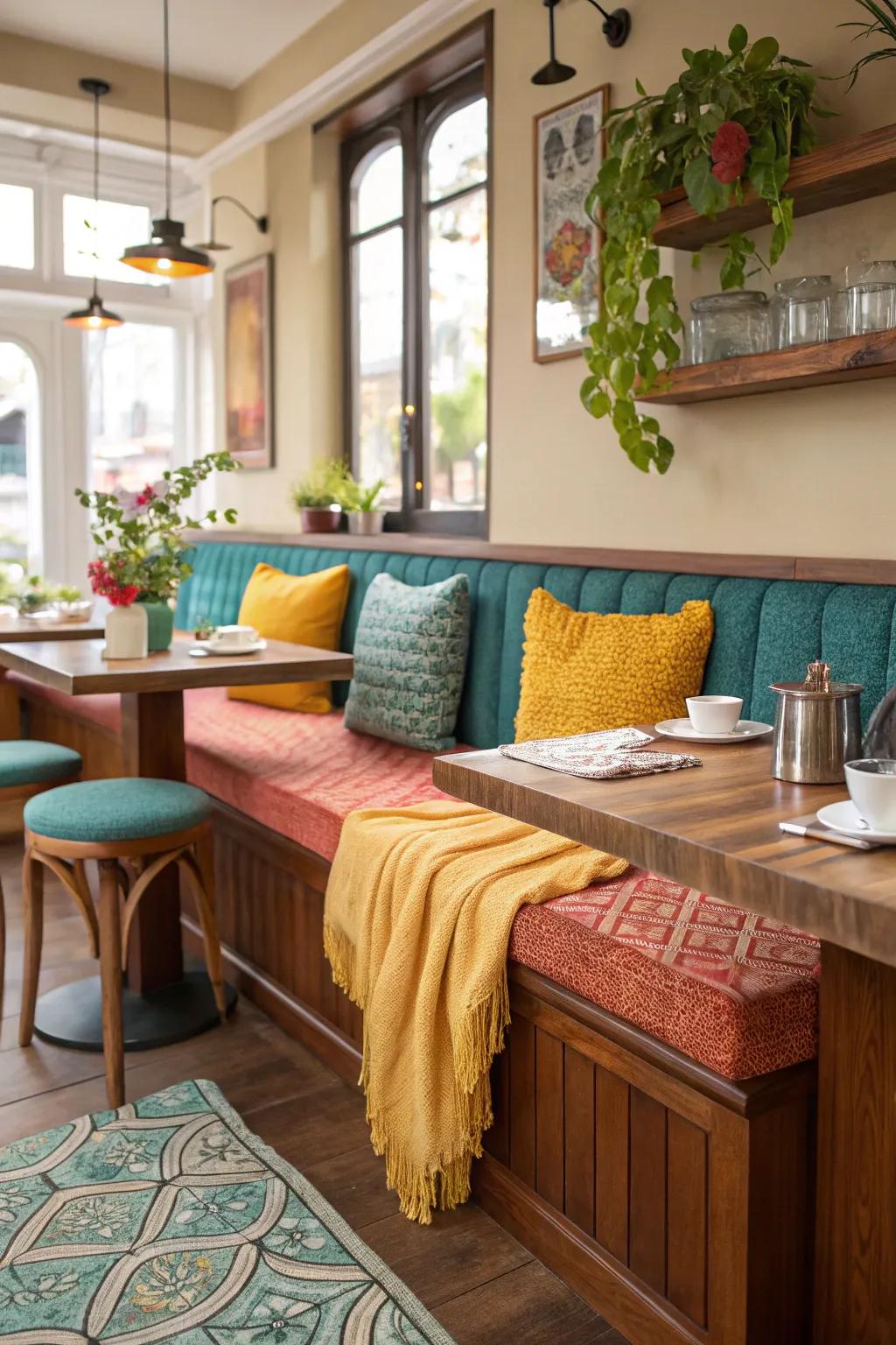 Enjoy your coffee in comfort with a cozy bench seating area.