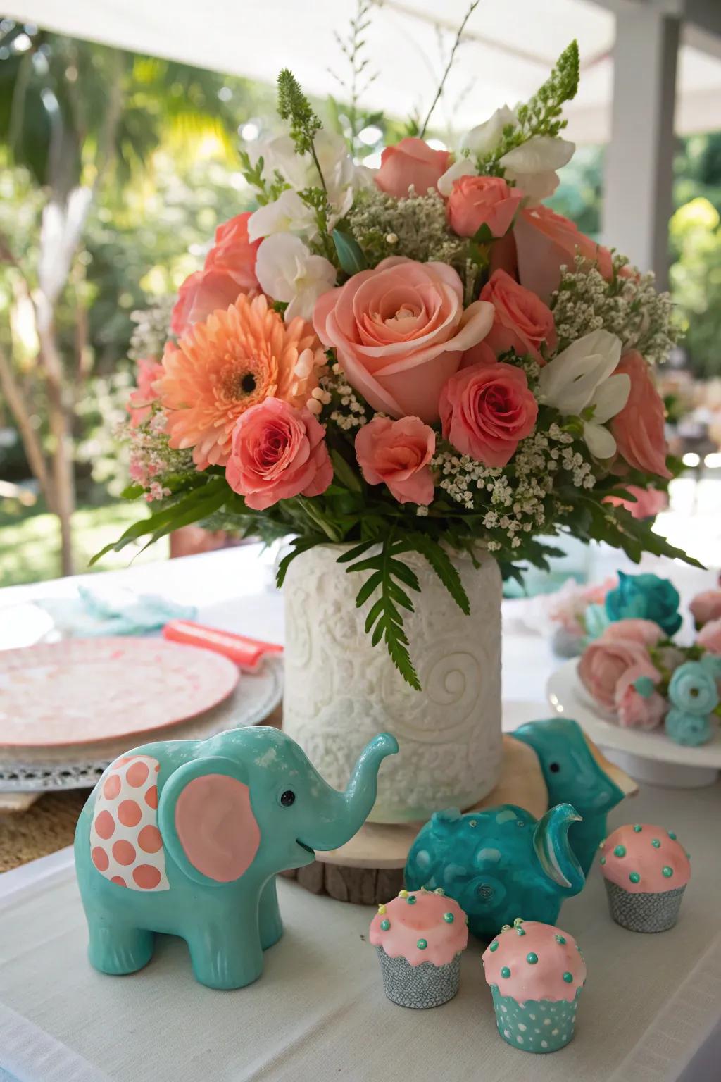 Elevate your decor with floral arrangements that weave in playful elephant elements.
