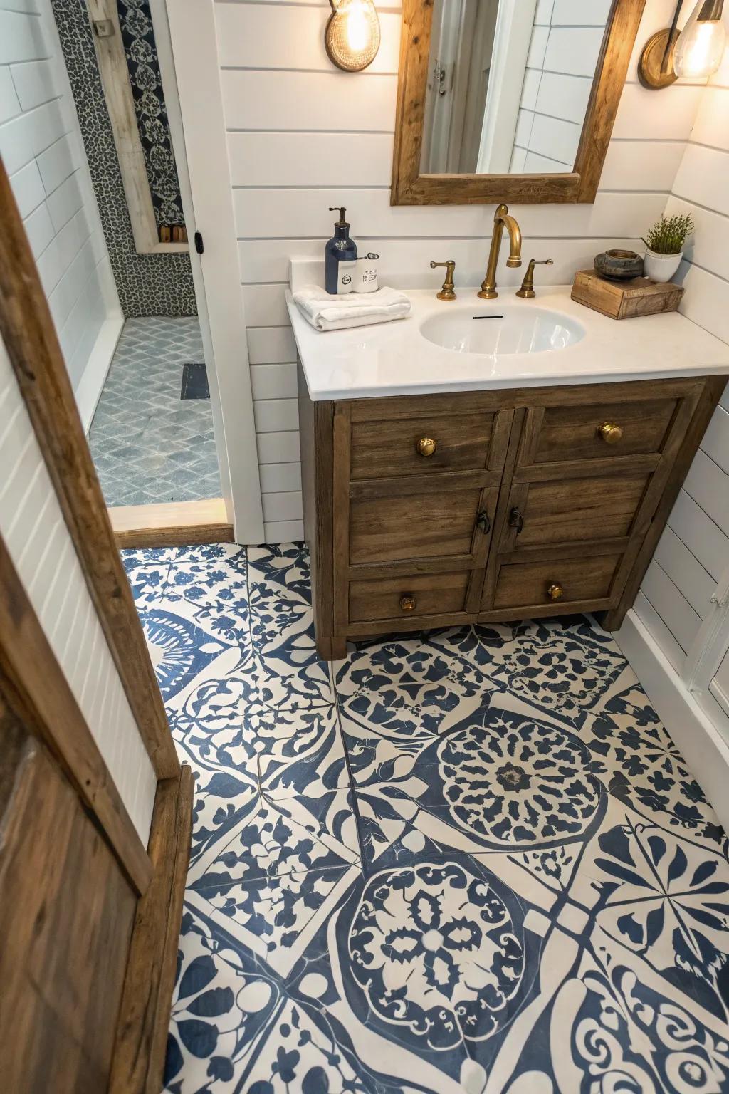 Patterned tiles infuse energy and style into this compact farmhouse space.