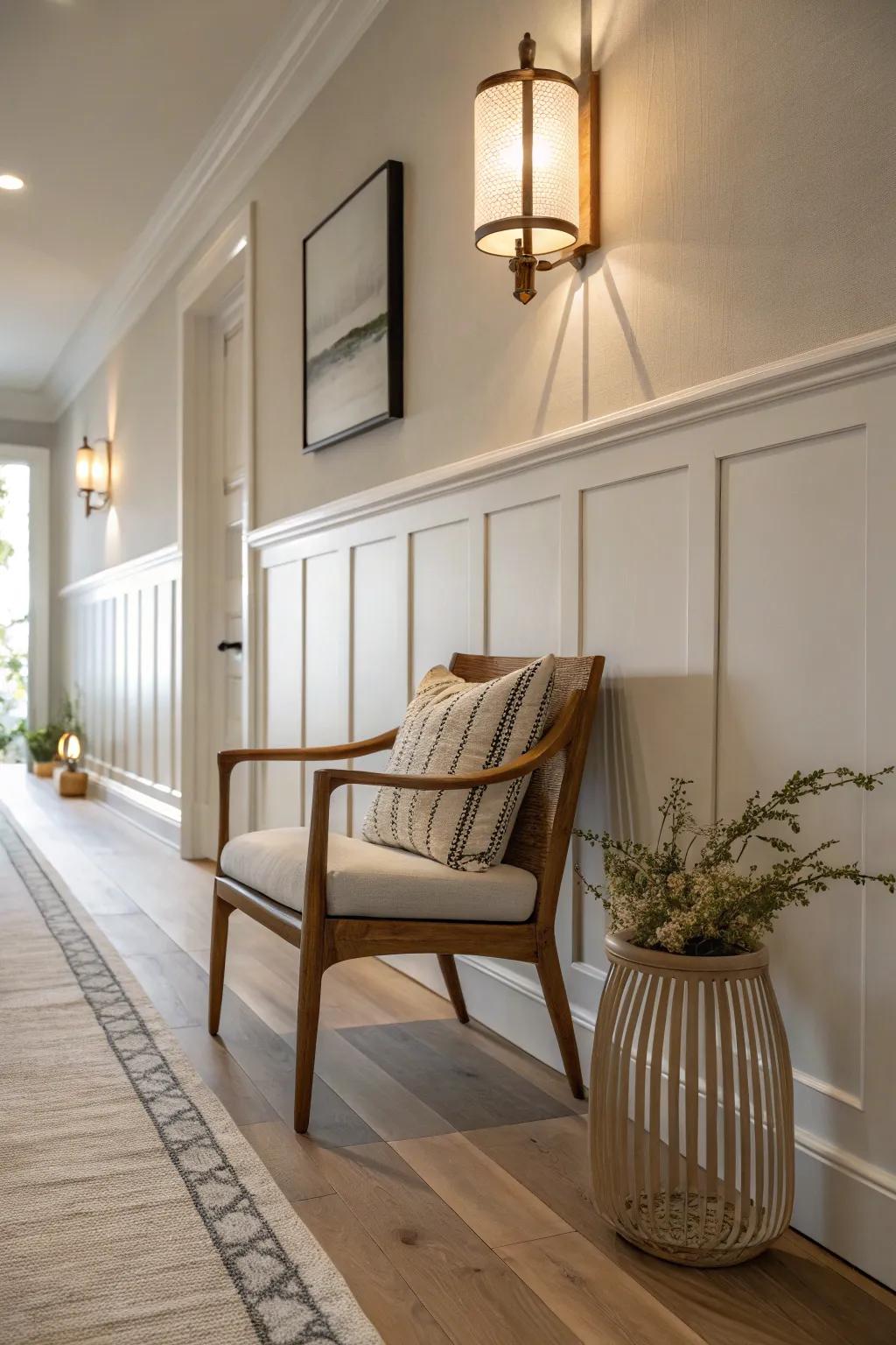 Enhance your hallway's charm with well-placed lighting. #WarmAmbiance #LightingDesign