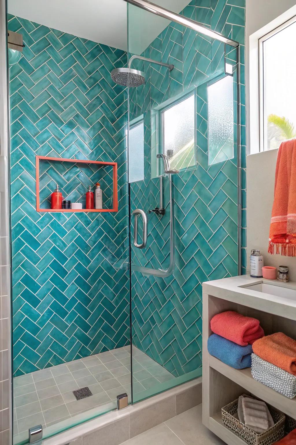 Elevate your bathroom with the sleek sophistication of glass herringbone tiles.