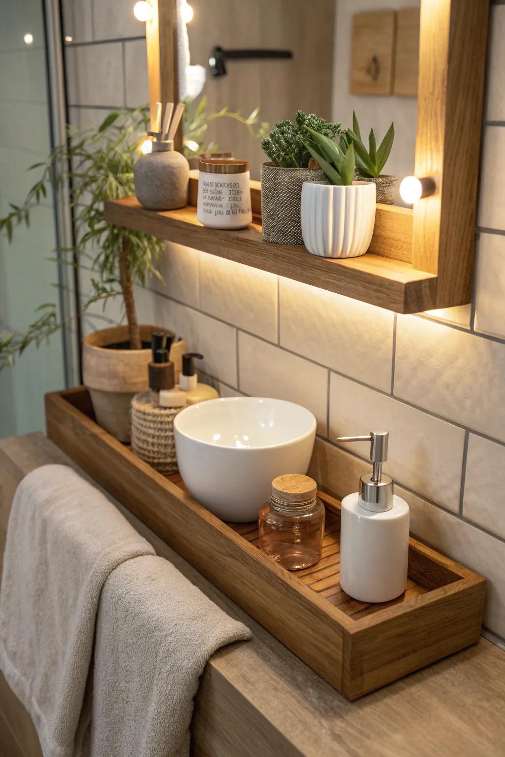 Floating shelves with hidden compartments combine elegance and practicality.