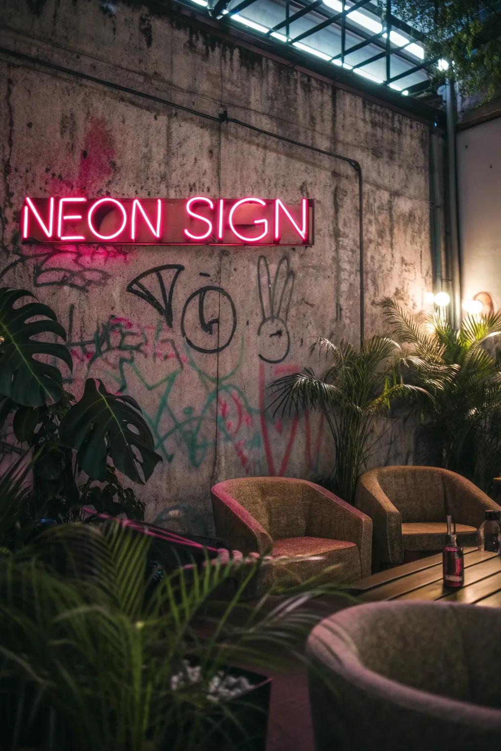 Edgy urban vibes with a neon twist create a striking and artistic backdrop.