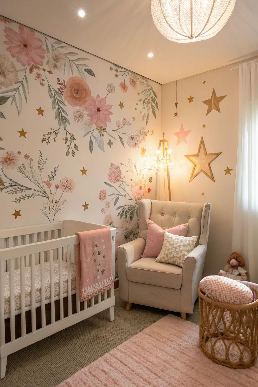 Stars and flowers dance across nursery walls, creating an enchanting space for dreams and growth. 🌟🌸 #NurseryMagic #DreamyDecor
