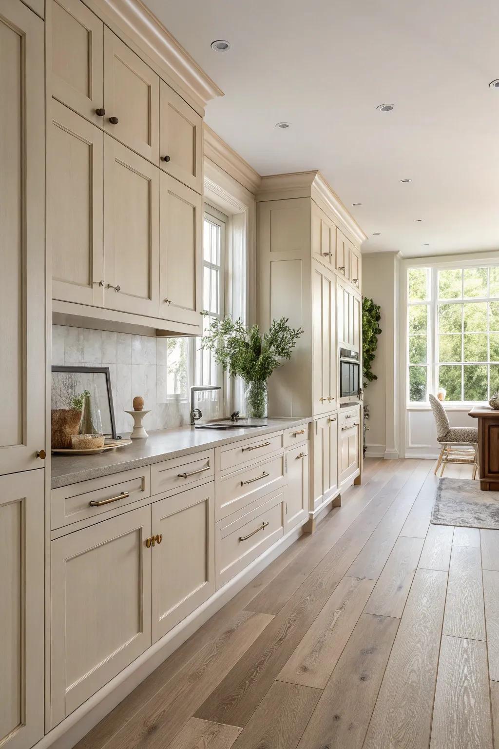 Light wood flooring complements off white cabinets, creating a bright and open kitchen space.
