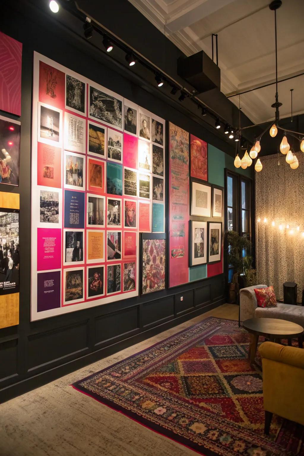 Make a bold statement with a vibrant poster collage wall that blends themes and colors seamlessly.