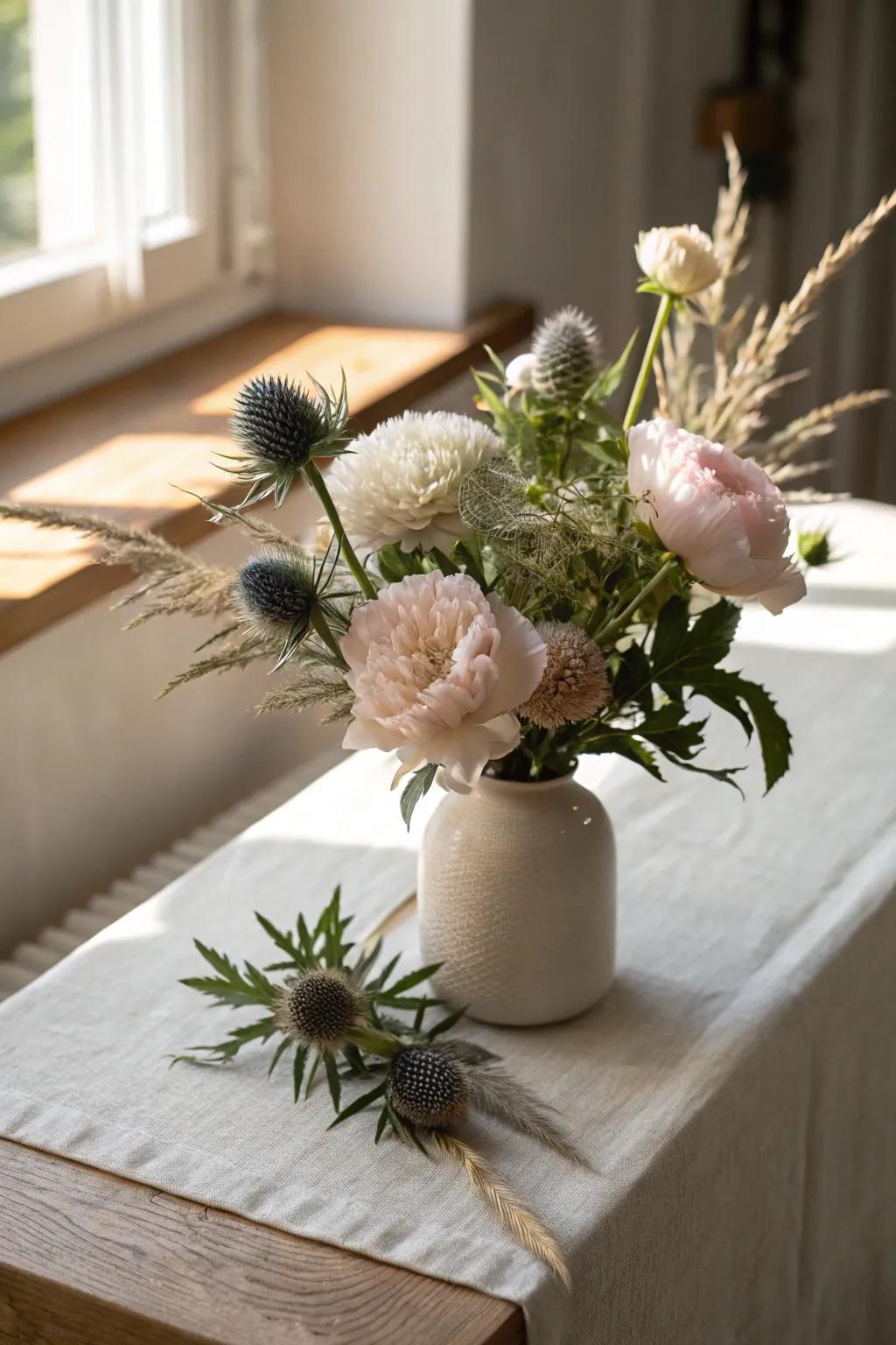 A mix of peonies and thistles creates a captivating contrast of textures, perfect for an inviting entryway.