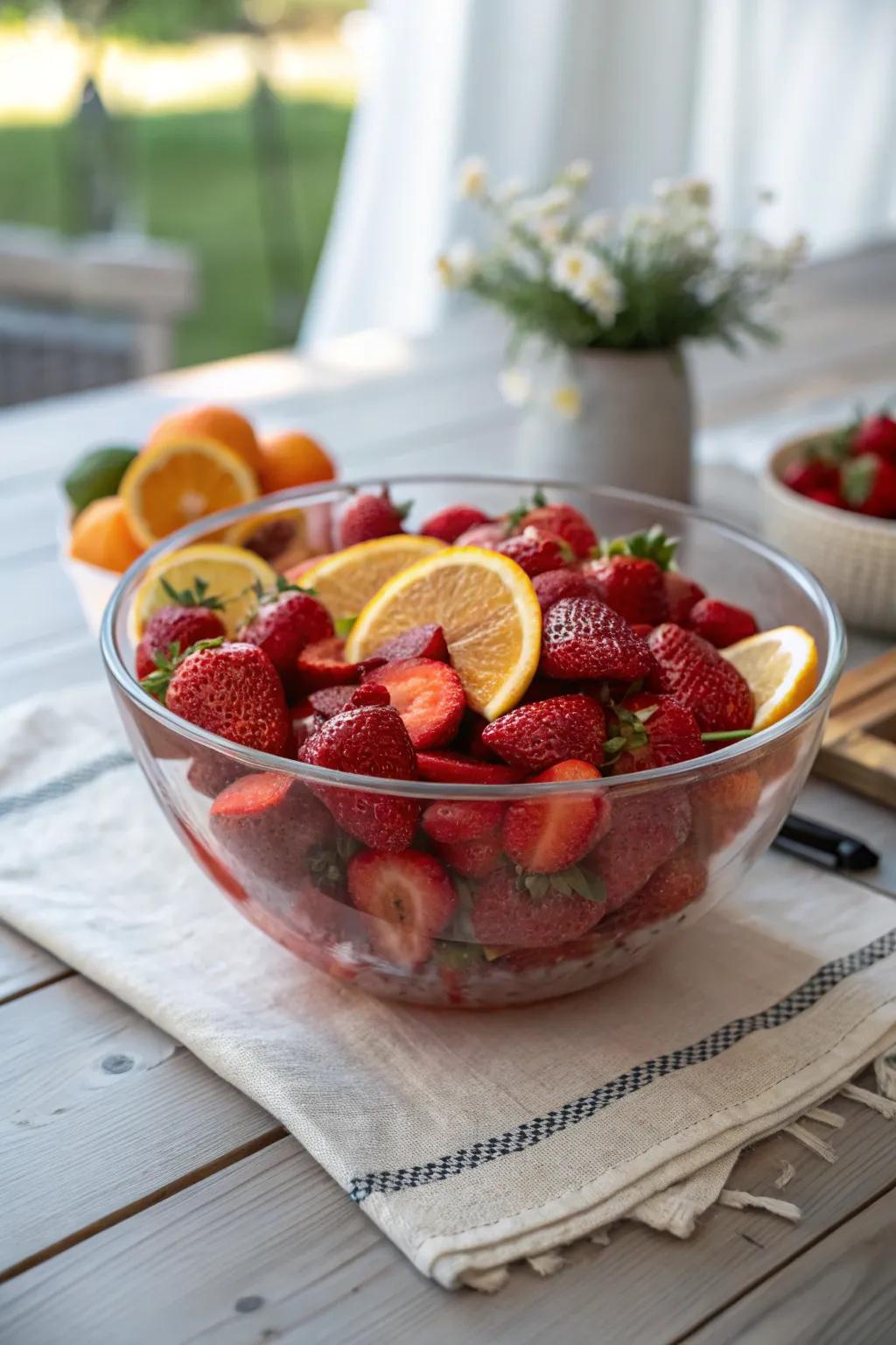 A burst of color and fragrance with strawberries and citrus.