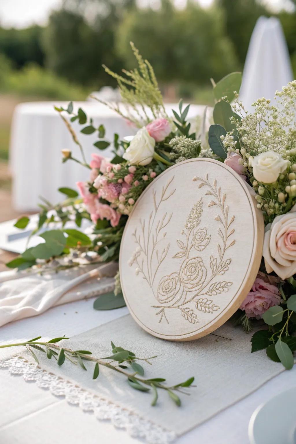 Embrace the beauty of nature with a floral motif plaque that's perfect for any love story.
