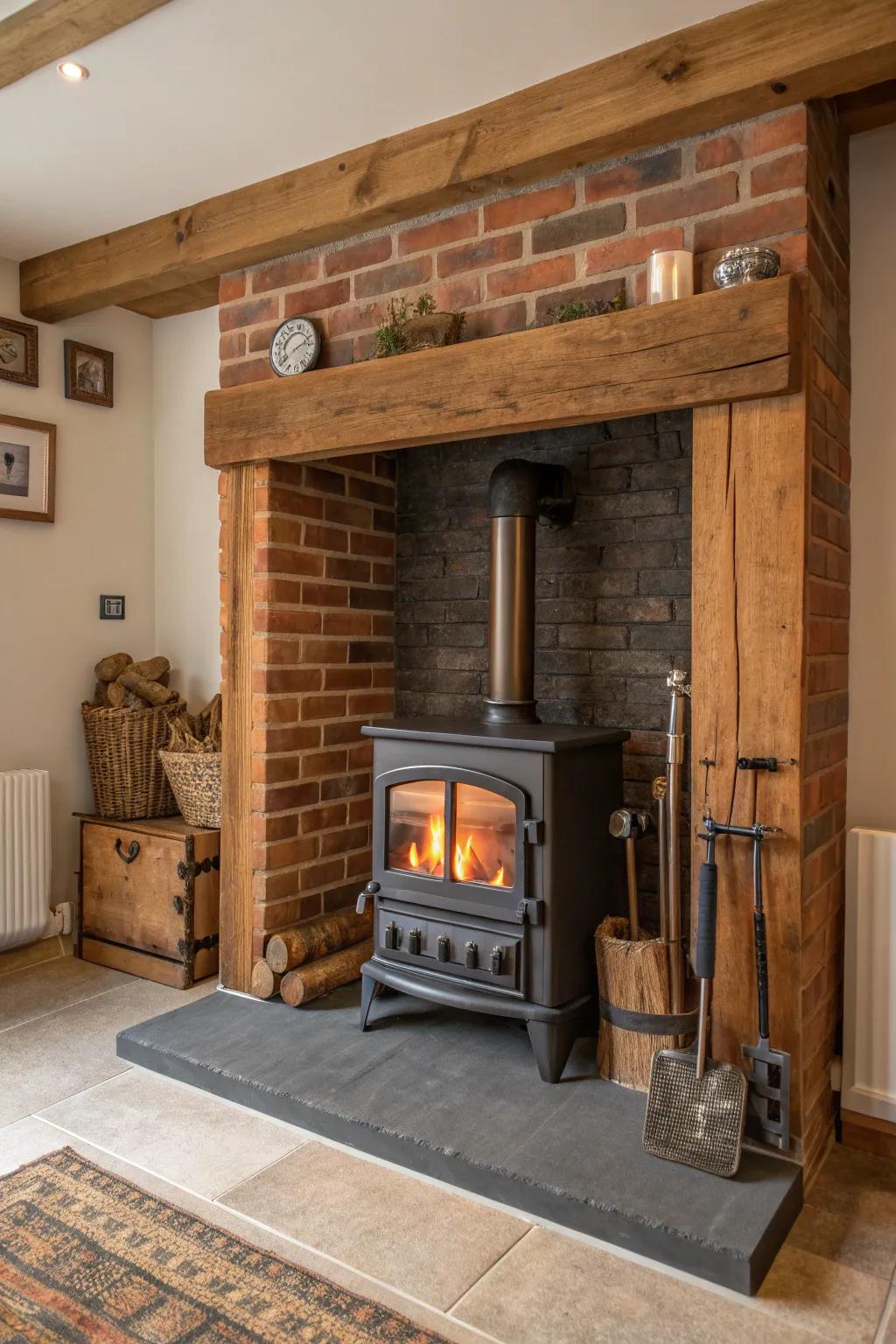 A modern and rustic blend creates a visually striking wood stove alcove.