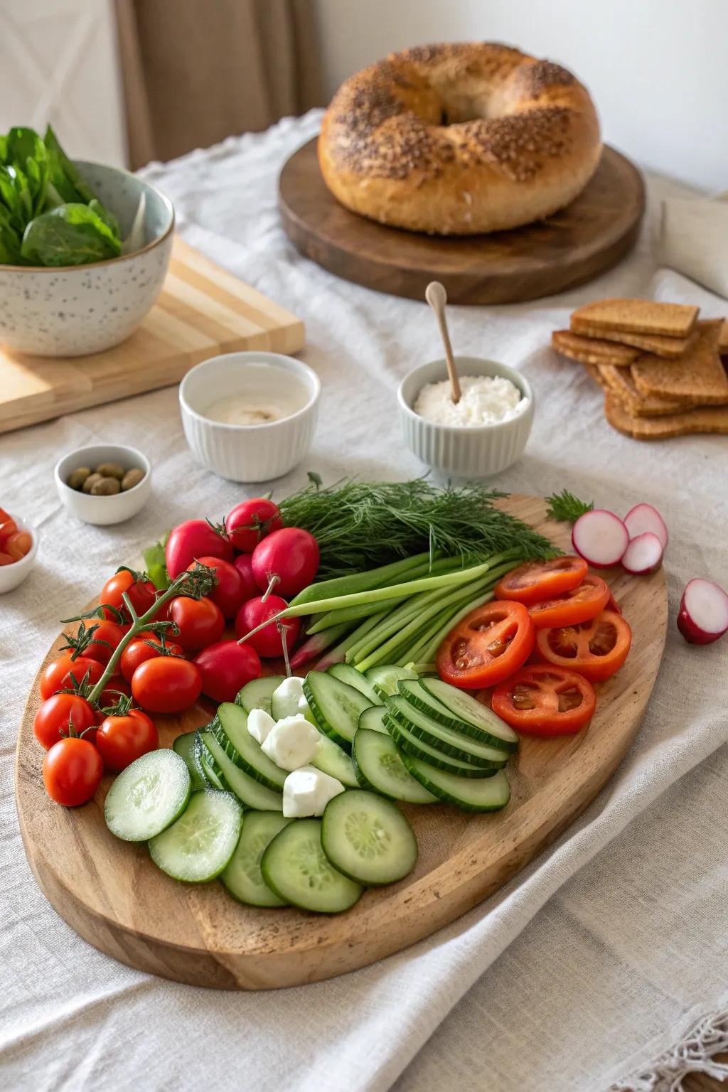 A colorful medley of fresh vegetables adds a crisp contrast to your bagel bar.