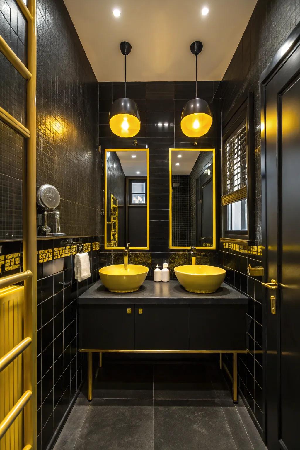 Yellow lighting fixtures cast a warm, inviting glow, enhancing the modern design elements. #LightingDesign #BathroomVibes