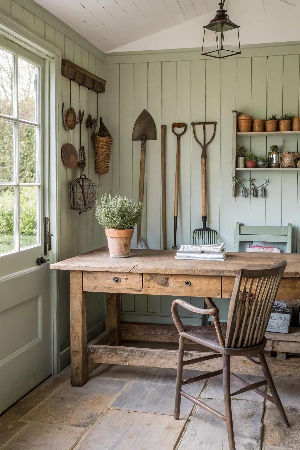 Vintage pieces add timeless charm to this farm office.
