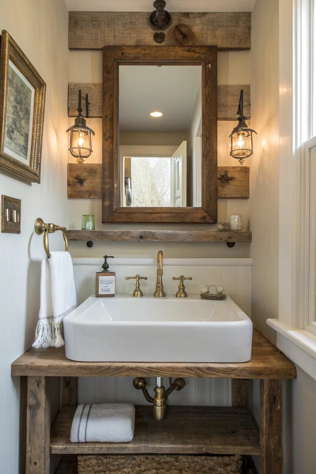 Antique fixtures enhance the authentic farmhouse vibe of this half bath.